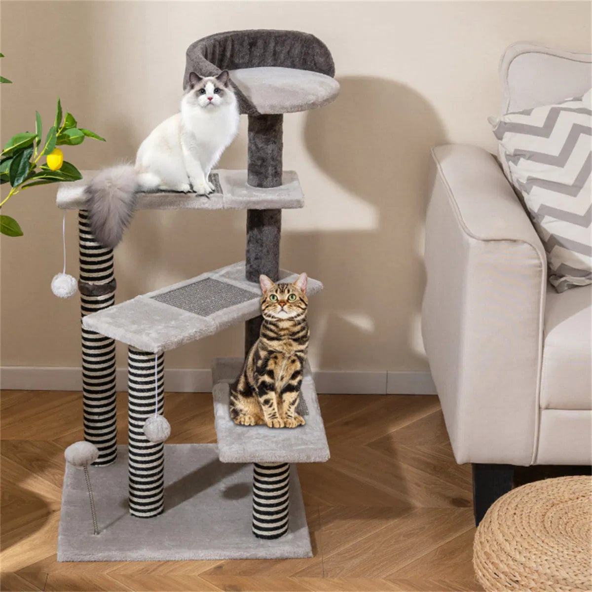 37" tall Cat Stairs with Scratching Mats - 3-Tier Perches, Spring Ball & Dangling Toys for Cats
