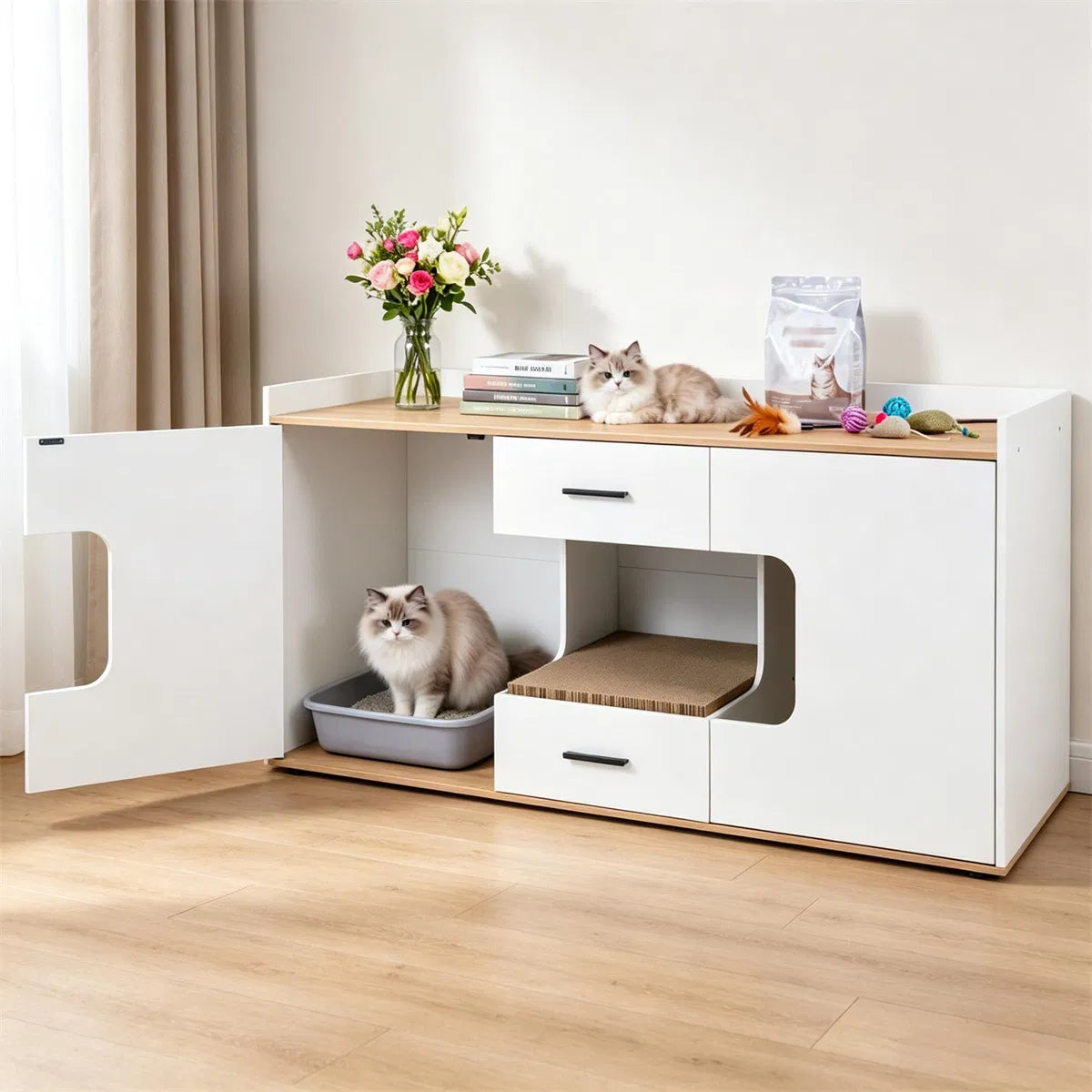 Large Cat Litter Box Enclosure Furniture with Storage Drawers & Built-In Scratching Board, Hidden Cat Washroom Cabinet w