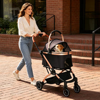 Pet Stroller for Dogs and Cats, 2-in-1 Detachable Foldable 4 Wheels Pet Stroller, Quick One-Hand Fold, Storage Basket, D