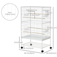 52" Large Rolling Steel Bird Cage Bird House with Rolling Stand, Storage Shelf, Wood Perch, Food Container, White