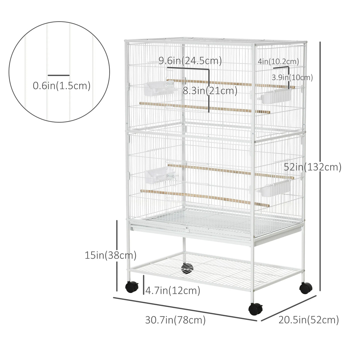 52" Large Rolling Steel Bird Cage Bird House with Rolling Stand, Storage Shelf, Wood Perch, Food Container, White