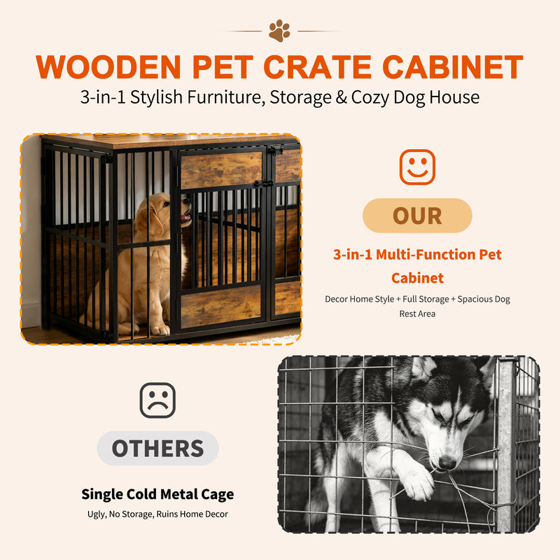 Wooden Dog Crate Furniture, Large Dog Kennel With Storage Top, Indoor Pet Cage