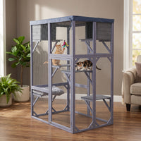 Outdoor Wooden Catio Multi-functional Cat Enclosure, 4 Platforms & 2 Napping Houses, 2 Strong Locks, Rounded Corner, Ste