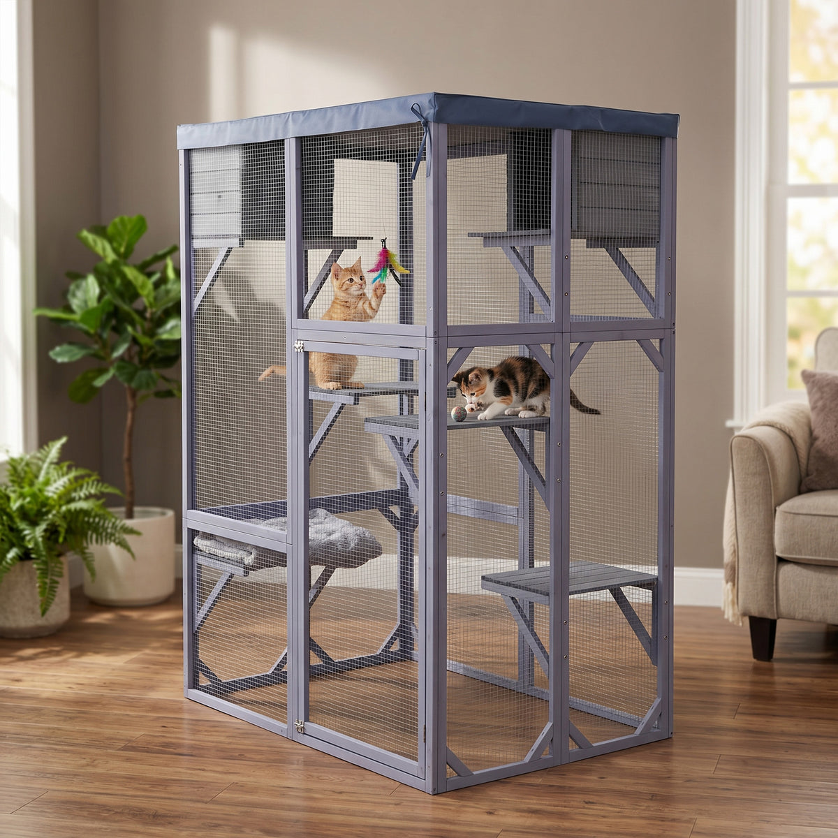 Outdoor Wooden Catio Multi-functional Cat Enclosure, 4 Platforms & 2 Napping Houses, 2 Strong Locks, Rounded Corner, Ste
