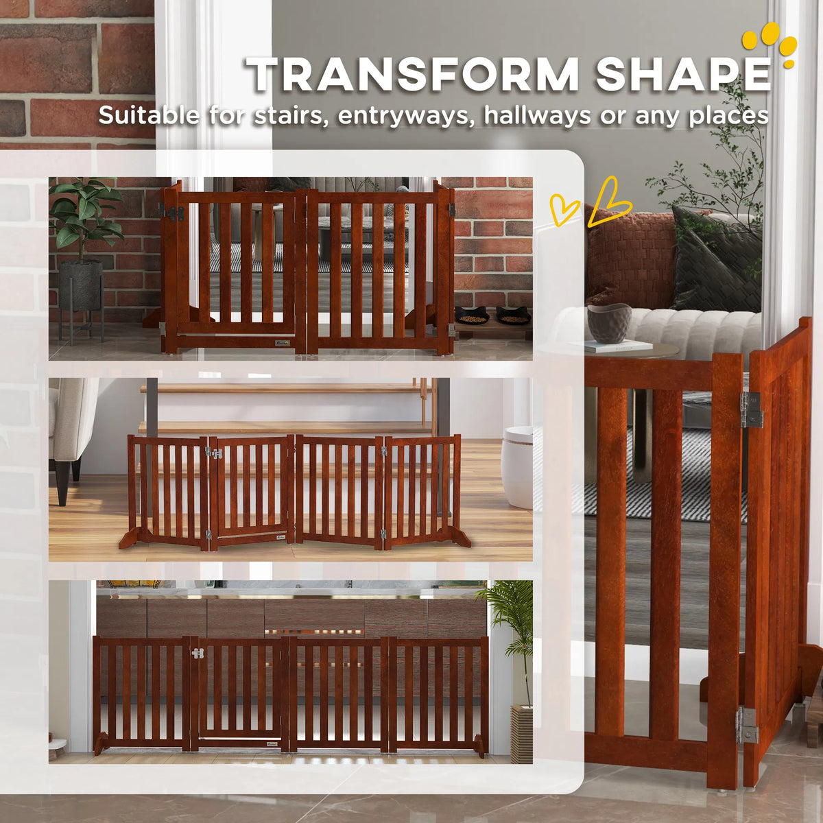 Foldable Dog Gate with Door, 4 Panels Fressstanding Pet Gate, Brown
