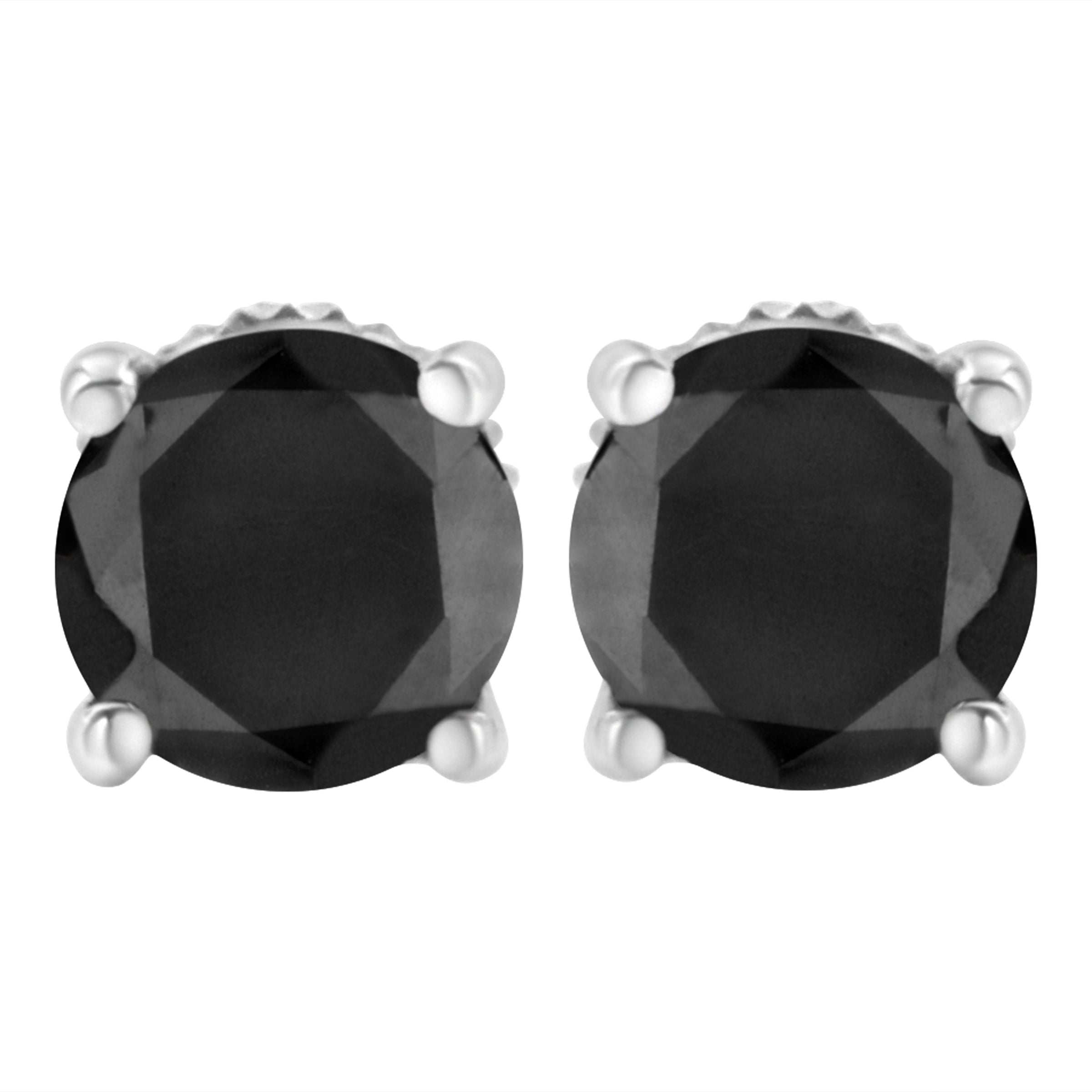 14K White Gold 2.00 Cttw Round Brilliant-Cut Black Diamond Classic 4-Prong Stud Earrings with Screw Backs (Fancy Color-Enhanced, I2-I3 Clarity)
