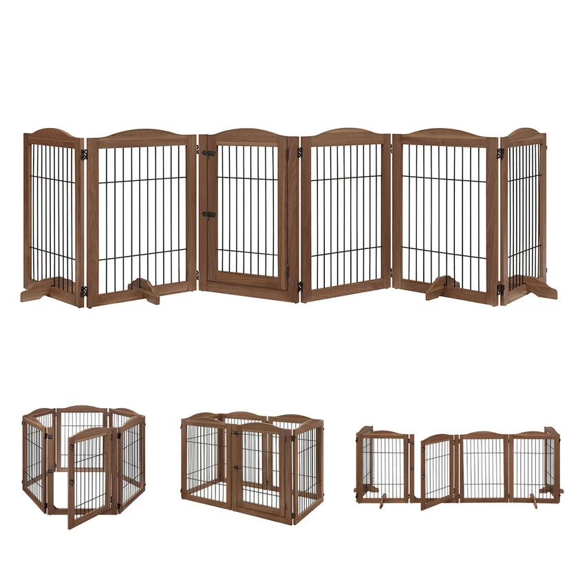 6-Panel Freestanding Solid Wood Dog Gate with Lockable Door, 132"L x 31.5"H – Foldable Pet Gate & Playpen, No Wall Mounting Required