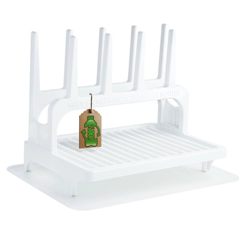 PopYum Glacier White Drying Rack from 100% Recycled Bottles with Silicone Drying Mat, countertop for Baby Bottles, Plastic Bags, Cups, Compact - BIG FRENCHIES