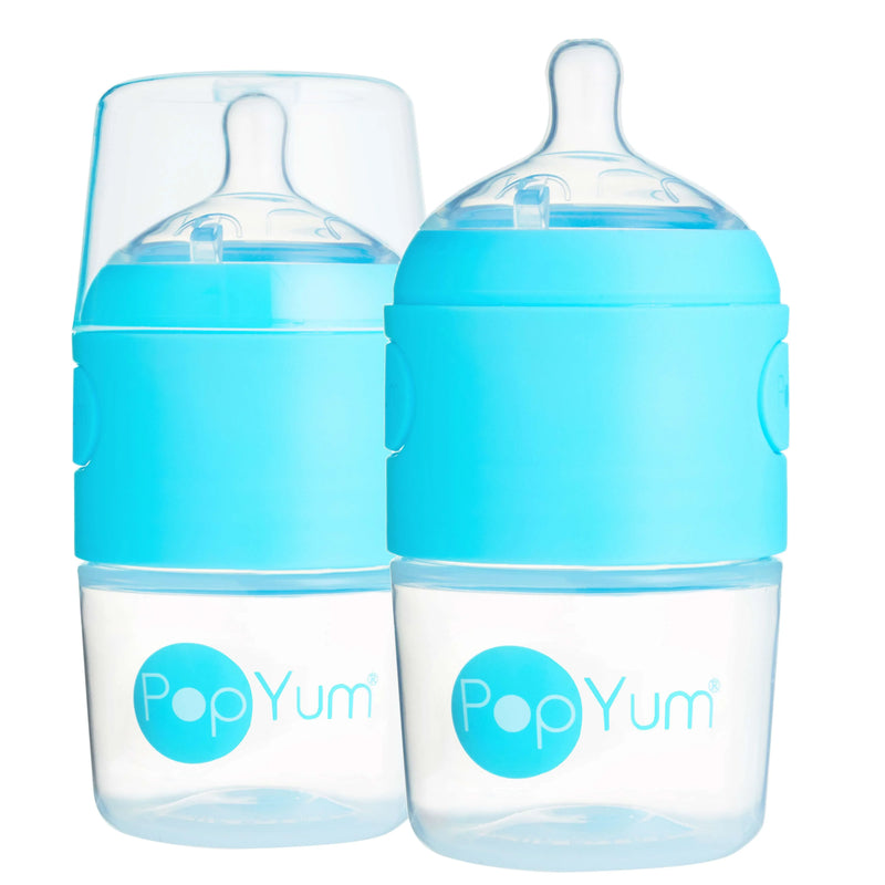 PopYum 5oz Anti-Colic Baby Bottle for Breast and Formula Feeding, 2-Pack, Blue, #1 Slow Flow Nipples - BIG FRENCHIES