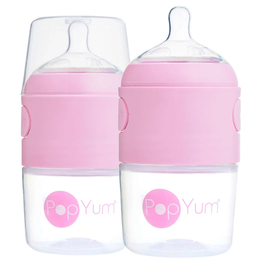 PopYum 5oz Anti-Colic Baby Bottle for Breast and Formula Feeding, 2-Pack, Pink, #1 Slow Flow Nipples - BIG FRENCHIES