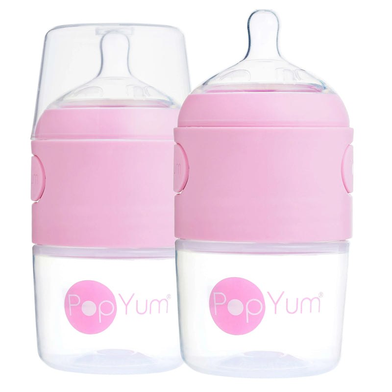 PopYum 5oz Anti-Colic Baby Bottle for Breast and Formula Feeding, 2-Pack, Pink, #1 Slow Flow Nipples - BIG FRENCHIES