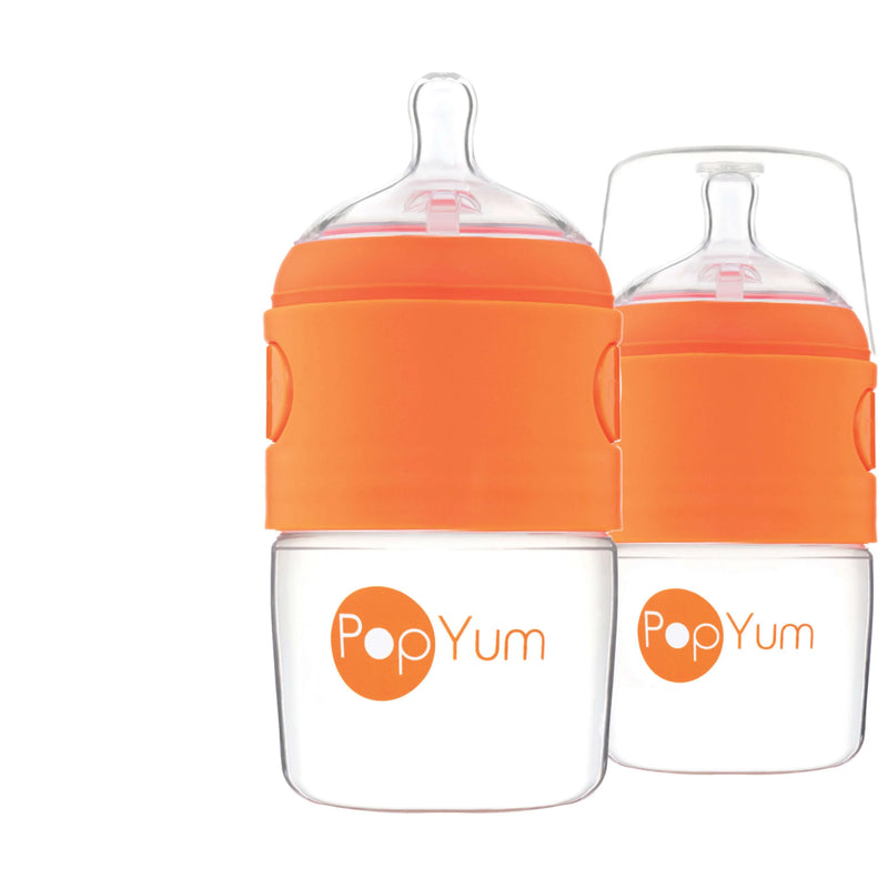 PopYum 5oz Anti-Colic Baby Bottle for Breast and Formula Feeding, 2-Pack, Orange, #1 Slow Flow Nipples - BIG FRENCHIES