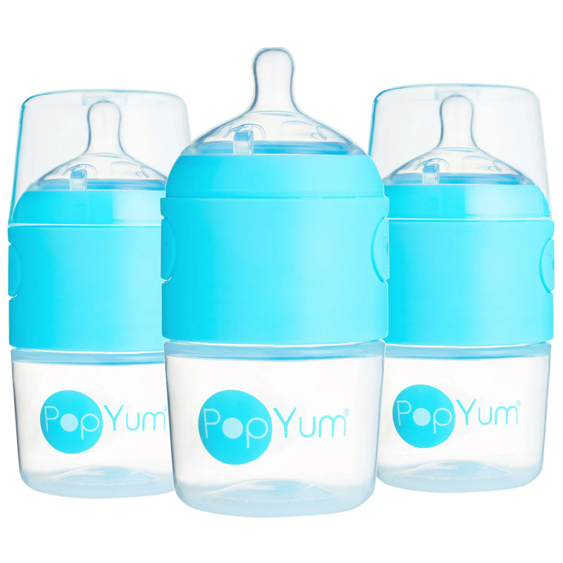 PopYum 5oz Anti-Colic Baby Bottle for Breast and Formula Feeding, 3-Pack, Blue, #1 Slow Flow Nipples - BIG FRENCHIES