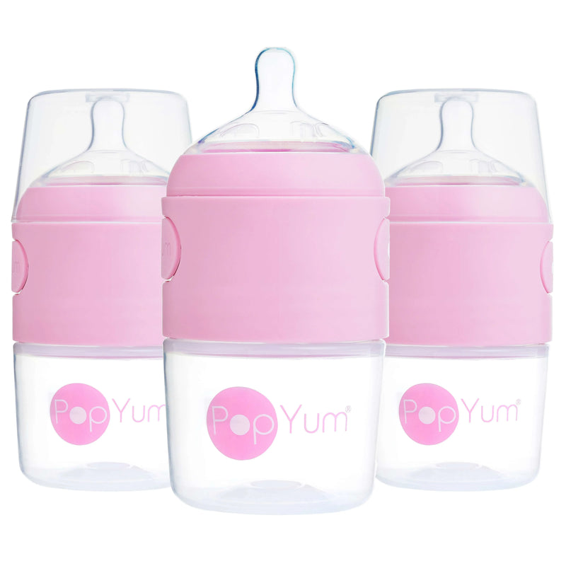 PopYum 5oz Anti-Colic Baby Bottle for Breast and Formula Feeding, 3-Pack, Pink, #1 Slow Flow Nipples - BIG FRENCHIES
