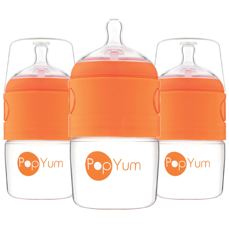 PopYum 5oz Anti-Colic Baby Bottle for Breast and Formula Feeding, 3-Pack, Orange, #1 Slow Flow Nipples - BIG FRENCHIES