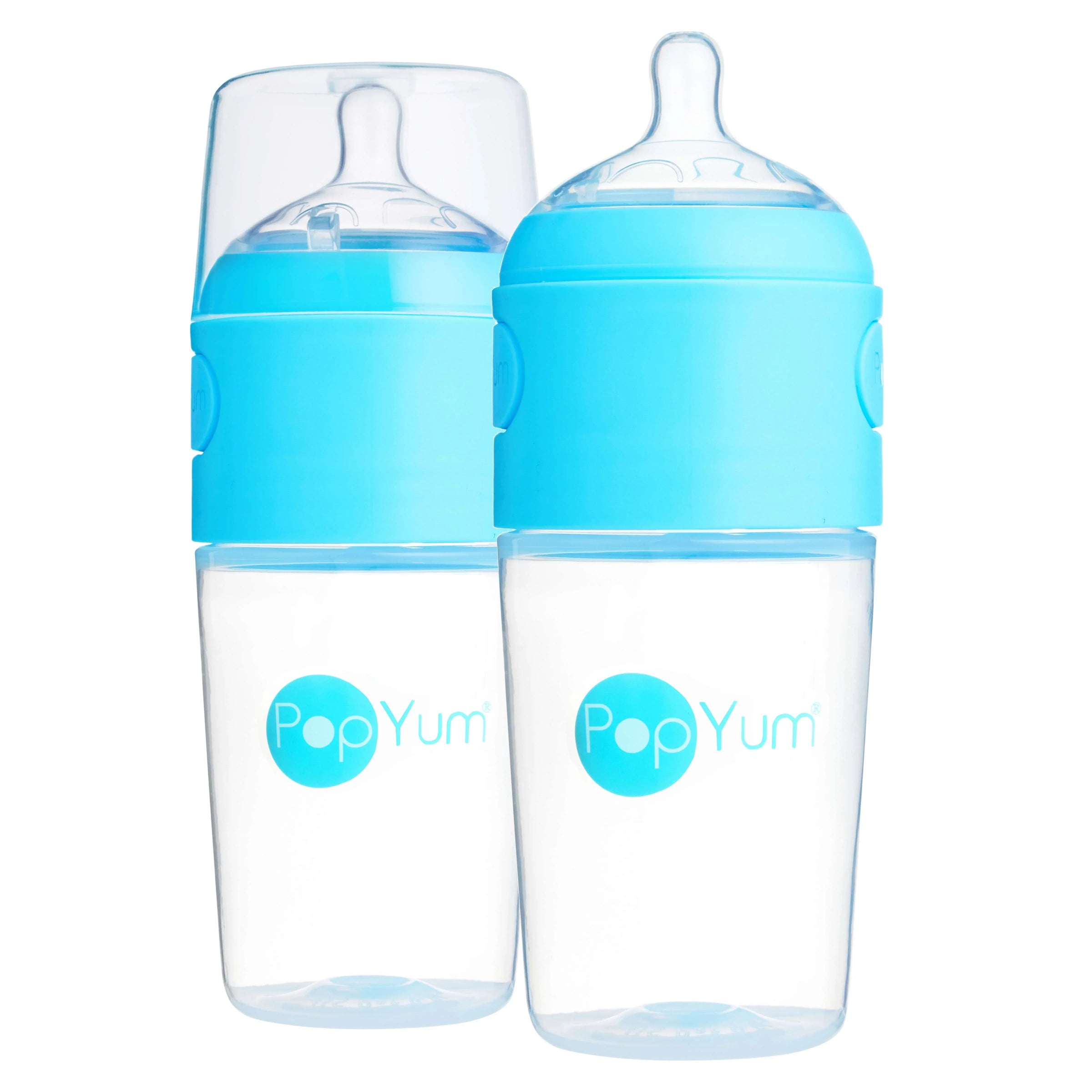 PopYum 9oz Anti-Colic Baby Bottle for Breast and Formula Feeding, 2-Pack, Blue, #2 Medium Flow Nipples - BIG FRENCHIES