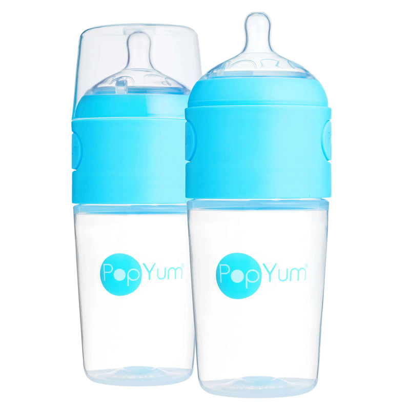 PopYum 9oz Anti-Colic Baby Bottle for Breast and Formula Feeding, 2-Pack, Blue, #2 Medium Flow Nipples - BIG FRENCHIES