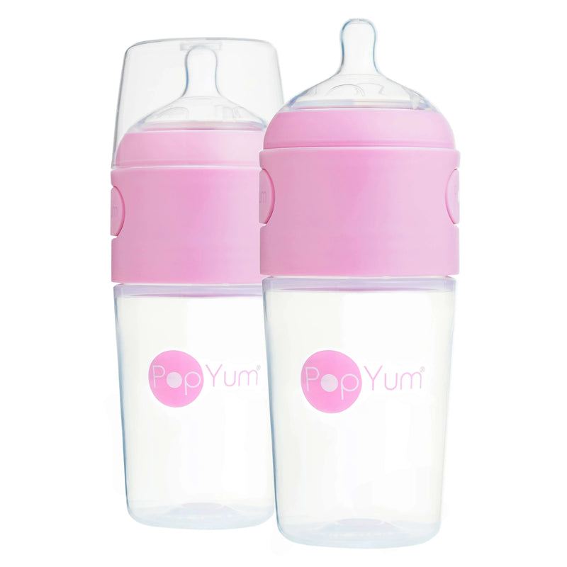 PopYum 9oz Anti-Colic Baby Bottle for Breast and Formula Feeding, 2-Pack, Pink, #2 Medium Flow Nipples - BIG FRENCHIES