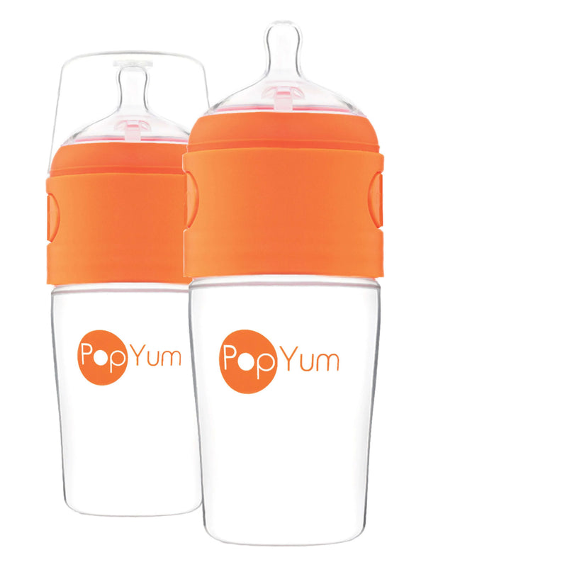 PopYum 9oz Anti-Colic Baby Bottle for Breast and Formula Feeding, 2-Pack, Orange, #2 Medium Flow Nipples - BIG FRENCHIES