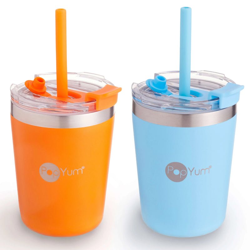 PopYum 9oz Insulated Stainless Steel Kids’ Cups with Lid and Straw, 2-Pack, Orange & Blue, stackable, sippy, baby, child, toddler, tumbler - BIG FRENCHIES