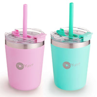 PopYum 9oz Insulated Stainless Steel Kids’ Cups with Lid and Straw, 2-Pack, Green & Pink, stackable, sippy, baby, child, toddler, tumbler