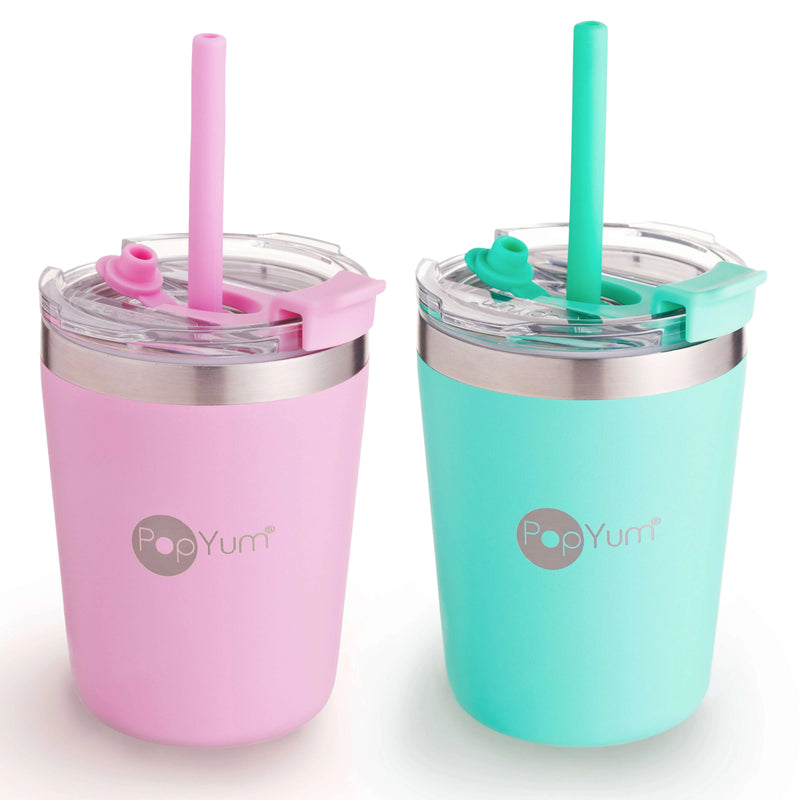 PopYum 9oz Insulated Stainless Steel Kids’ Cups with Lid and Straw, 2-Pack, Green & Pink, stackable, sippy, baby, child, toddler, tumbler - BIG FRENCHIES