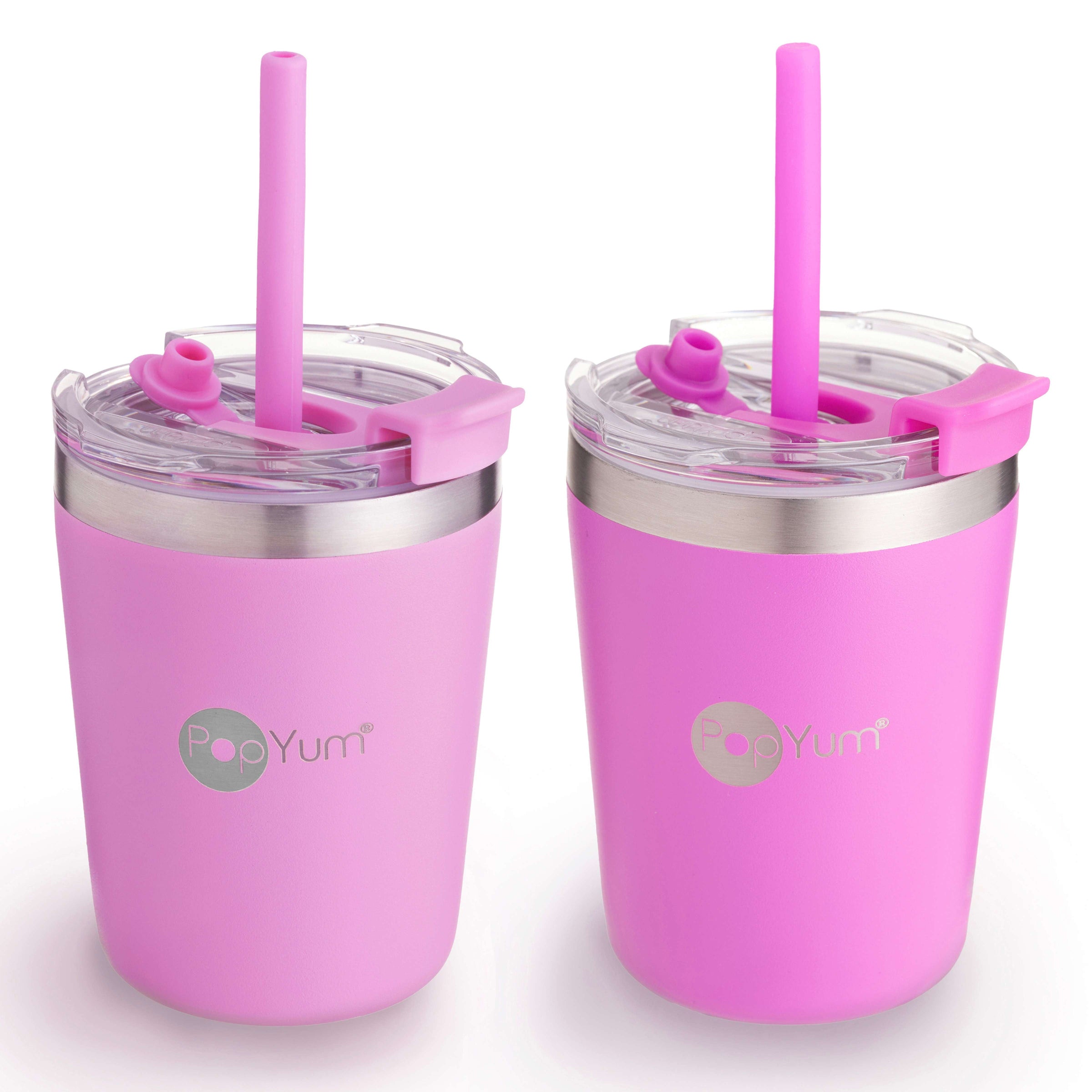 PopYum 9oz Insulated Stainless Steel Kids’ Cups with Lid and Straw, 2-Pack, Purple & Pink, stackable, sippy, baby, child, toddler, tumbler