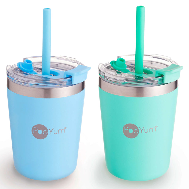 PopYum 9oz Insulated Stainless Steel Kids’ Cups with Lid and Straw, 2-Pack, Blue & Green, stackable, sippy, baby, child, toddler, tumbler - BIG FRENCHIES