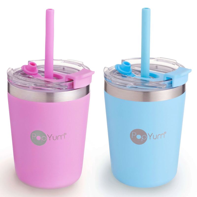 PopYum 9oz Insulated Stainless Steel Kids’ Cups with Lid and Straw, 2-Pack, Blue & Pink, stackable, sippy, baby, child, toddler, tumbler - BIG FRENCHIES