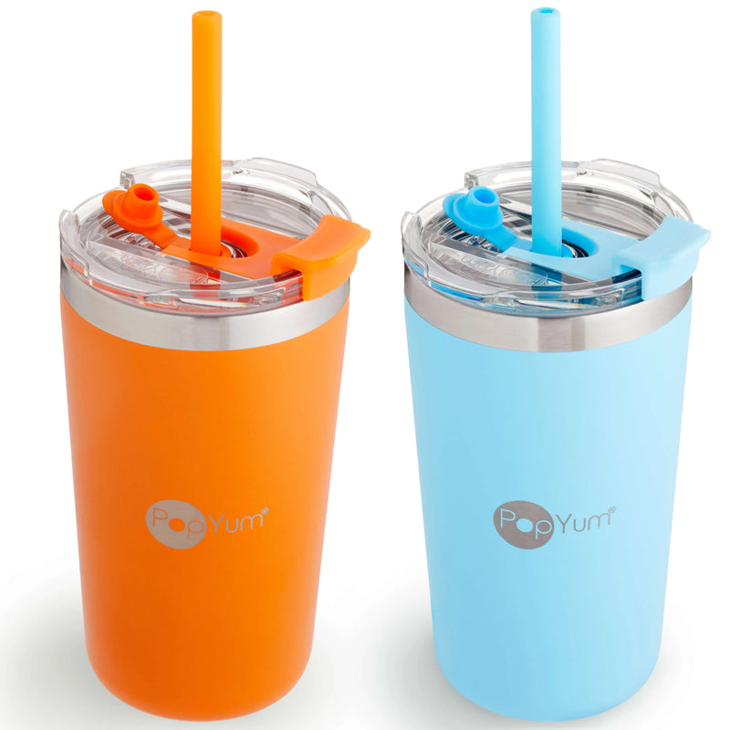 PopYum 13oz Insulated Stainless Steel Kids’ Cups with Lid and Straw, 2-Pack, Orange & Blue, stackable, sippy, baby, child, toddler, tumbler - BIG FRENCHIES
