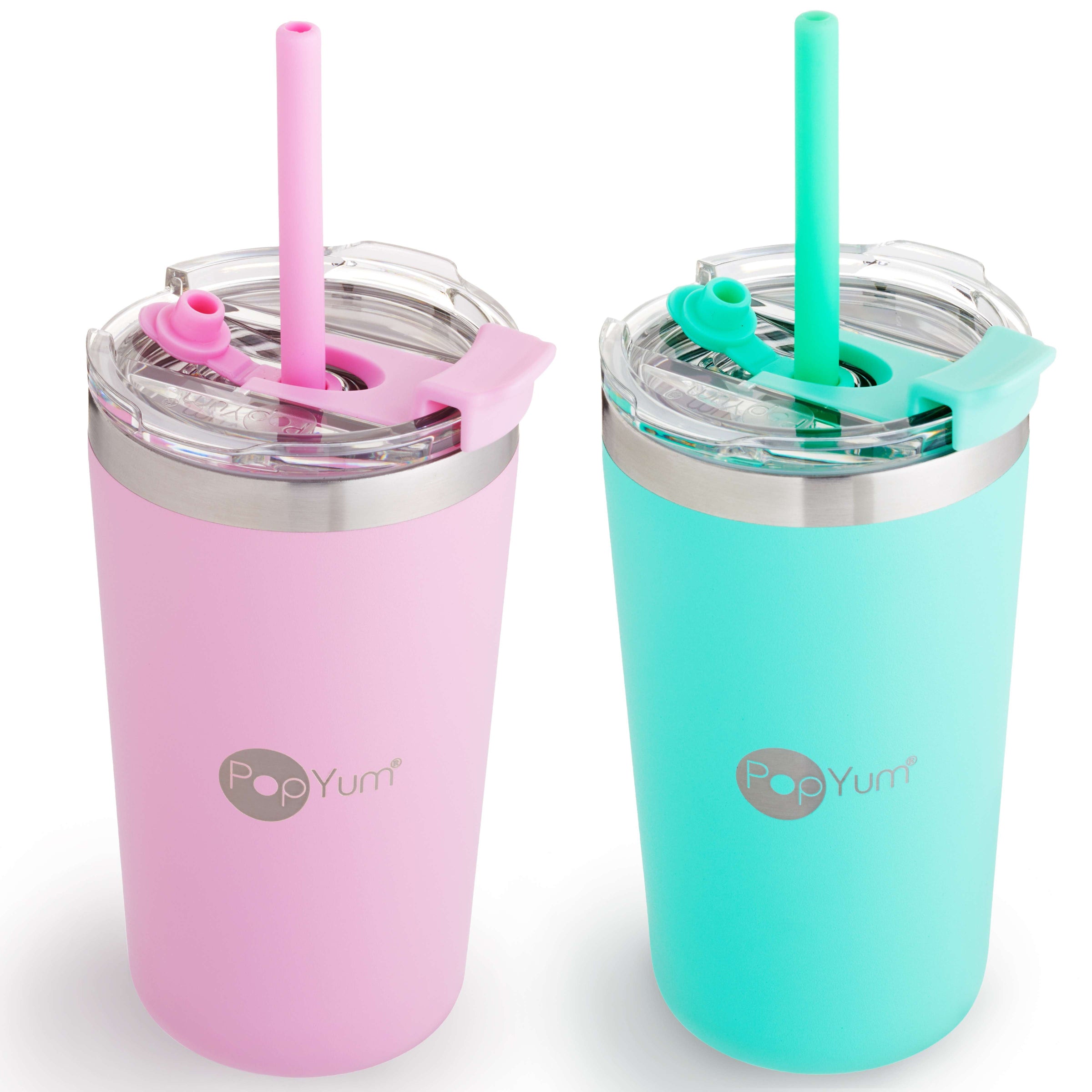 PopYum 13oz Insulated Stainless Steel Kids’ Cups with Lid and Straw, 2-Pack, Green & Pink, stackable, sippy, baby, child, toddler, tumbler