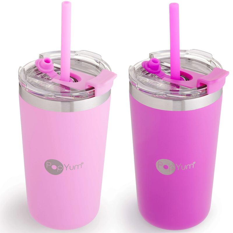 PopYum 13oz Insulated Stainless Steel Kids’ Cups with Lid and Straw, 2-Pack, Purple & Pink, stackable, sippy, baby, child, toddler, tumbler - BIG FRENCHIES