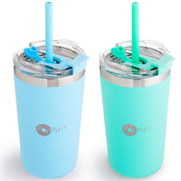 PopYum 13oz Insulated Stainless Steel Kids’ Cups with Lid and Straw, 2-Pack, Blue & Green, stackable, sippy, baby, child, toddler, tumbler