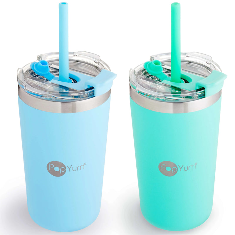 PopYum 13oz Insulated Stainless Steel Kids’ Cups with Lid and Straw, 2-Pack, Blue & Green, stackable, sippy, baby, child, toddler, tumbler - BIG FRENCHIES