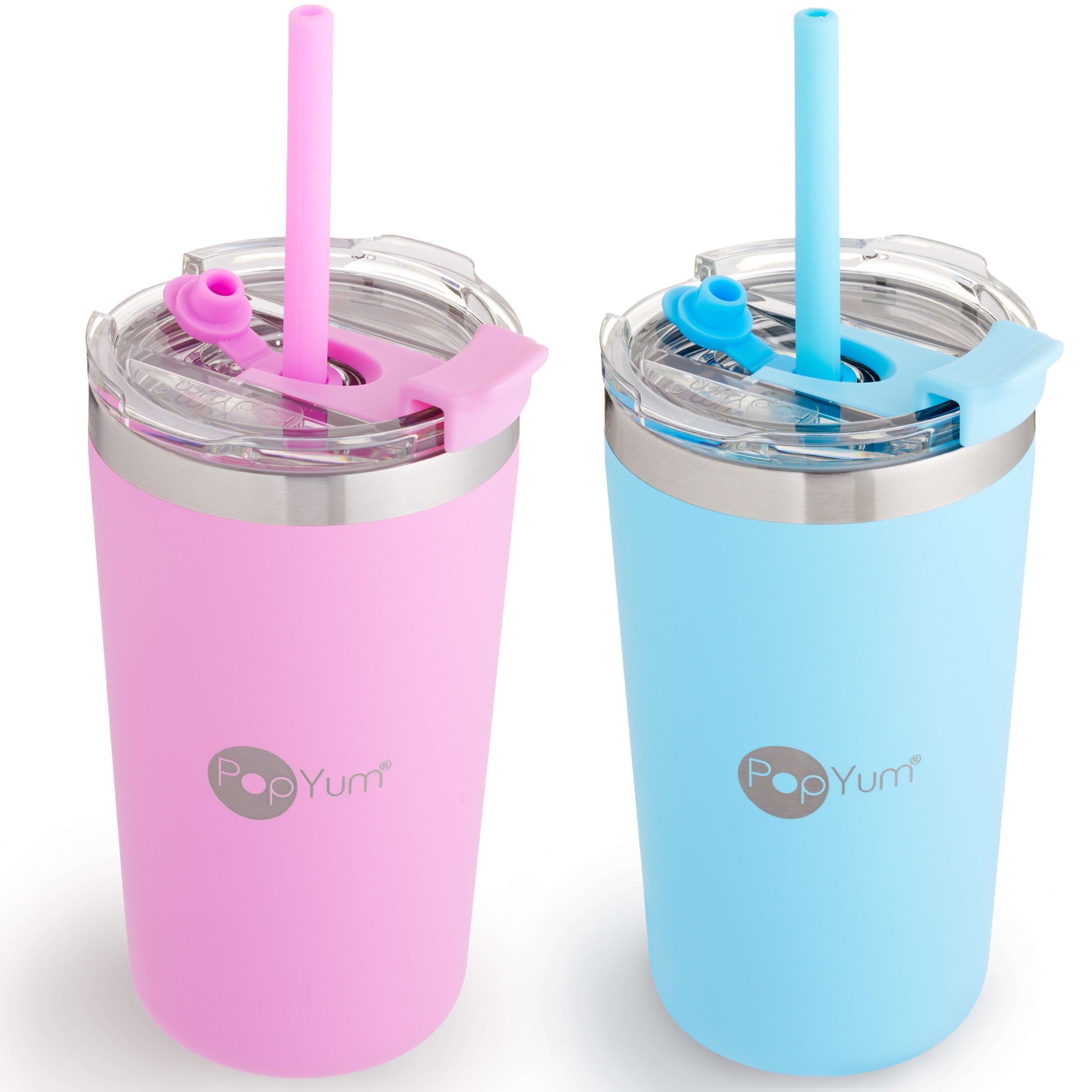 PopYum 13oz Insulated Stainless Steel Kids’ Cups with Lid and Straw, 2-Pack, Blue & Pink, stackable, sippy, baby, child, toddler, tumbler