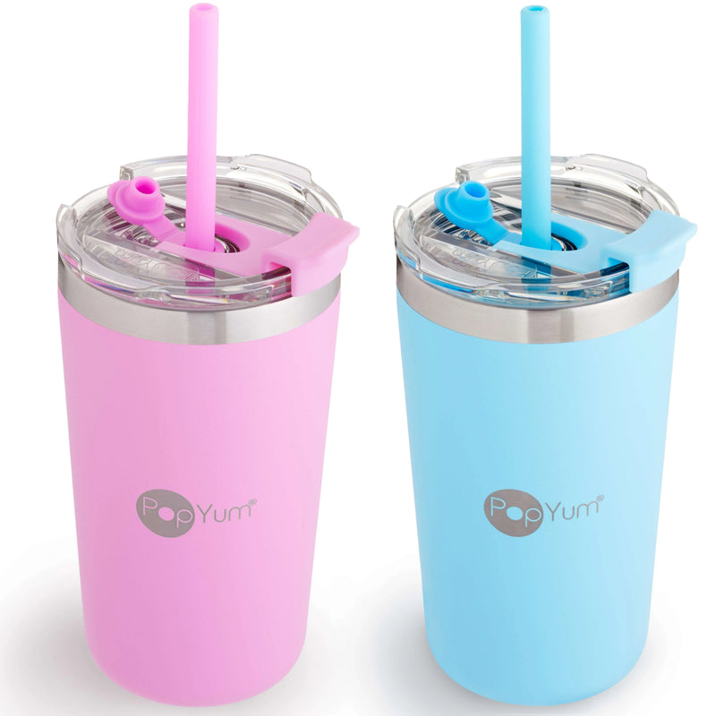 PopYum 13oz Insulated Stainless Steel Kids’ Cups with Lid and Straw, 2-Pack, Blue & Pink, stackable, sippy, baby, child, toddler, tumbler - BIG FRENCHIES