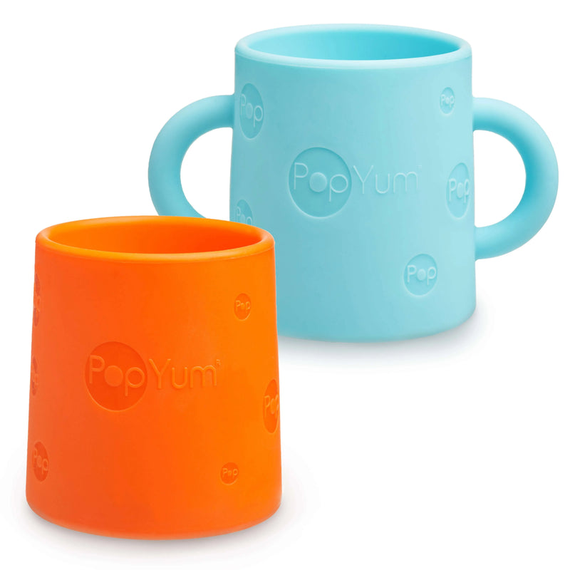 PopYum Silicone Training Cup 2-Pack for Baby and Toddler, handles, BPA Free, self feeding training, tumbler (sky blue and PopYum orange) - BIG FRENCHIES