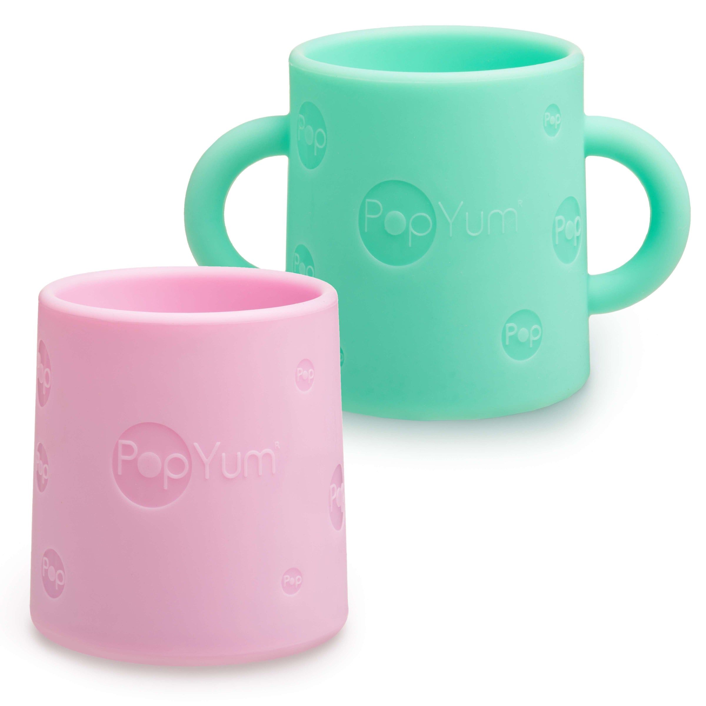 PopYum Silicone Training Cup 2-Pack for Baby and Toddler, handles, BPA Free, self feeding training, tumbler (mint green and pastel pink)