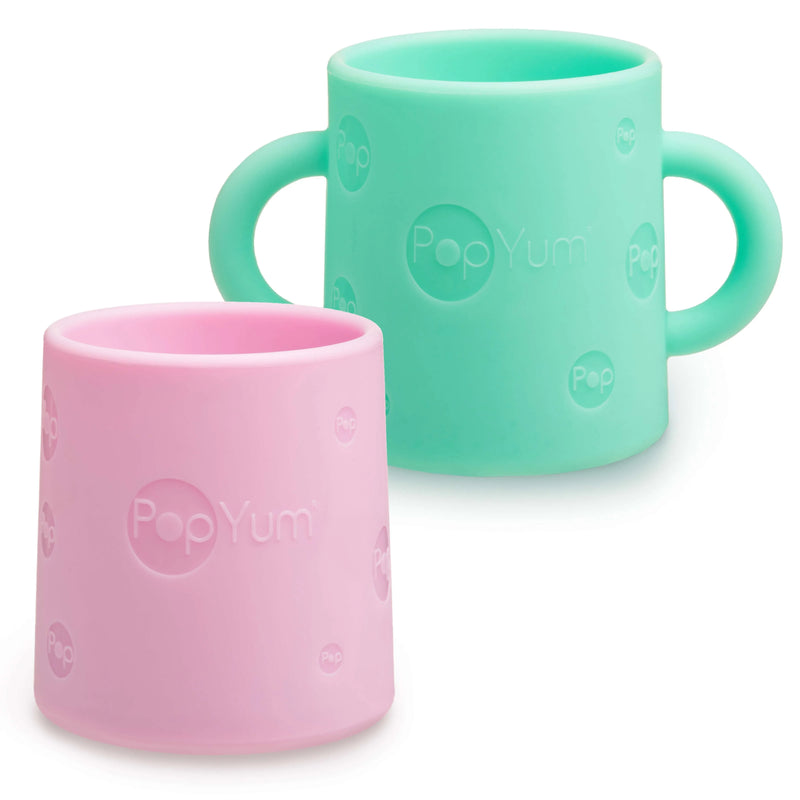 PopYum Silicone Training Cup 2-Pack for Baby and Toddler, handles, BPA Free, self feeding training, tumbler (mint green and pastel pink) - BIG FRENCHIES