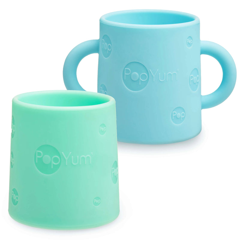 PopYum Silicone Training Cup 2-Pack for Baby and Toddler, handles, BPA Free, self feeding training, tumbler (sky blue and mint green) - BIG FRENCHIES