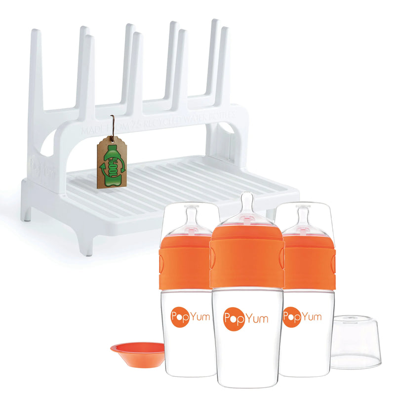 PopYum 9 oz Orange Formula Making Baby Bottle 3-Pack with White Drying Rack Bundle - BIG FRENCHIES
