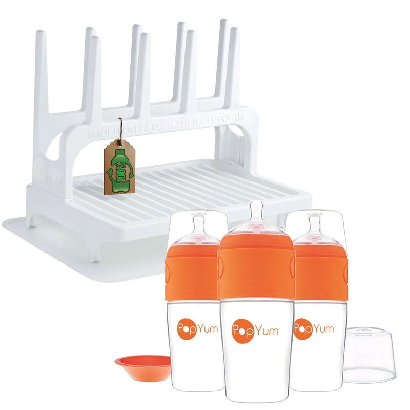 PopYum 9 oz Orange Formula Making Baby Bottle 3-Pk with White Drying Rack & Clear Drying Mat Bundle - BIG FRENCHIES