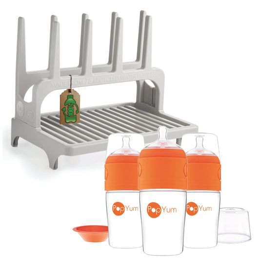 PopYum 9 oz Orange Formula Making Baby Bottle 3-Pack with Gray Drying Rack Bundle - BIG FRENCHIES