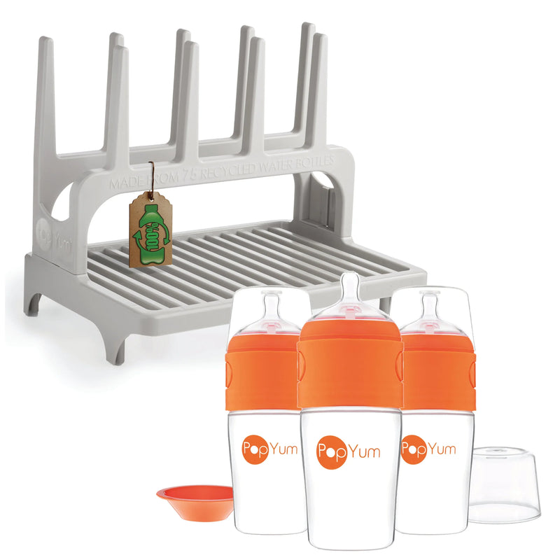 PopYum 9 oz Orange Formula Making Baby Bottle 3-Pack with Gray Drying Rack Bundle - BIG FRENCHIES