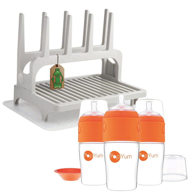 PopYum 9 oz Orange Formula Making Baby Bottle 3-Pk with Gray Drying Rack & Clear Drying Mat Bundle - BIG FRENCHIES