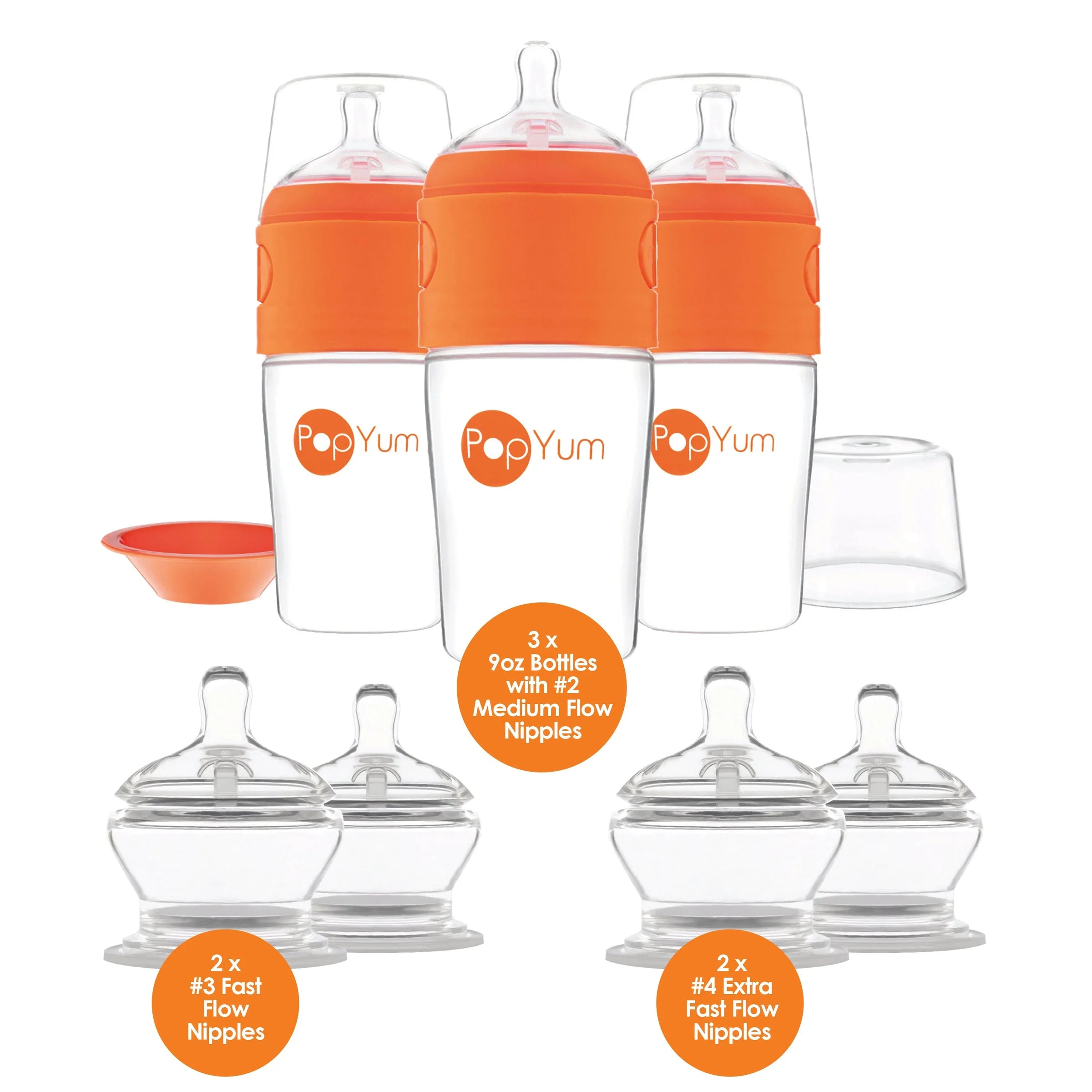 PopYum Orange 7 Piece Bundle: 9oz Bottle 3-Pack + 2 Nipple 2-Packs - BIG FRENCHIES