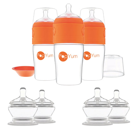 PopYum Orange 7 Piece Bundle: 9oz Bottle 3-Pack + 2 Nipple 2-Packs - BIG FRENCHIES