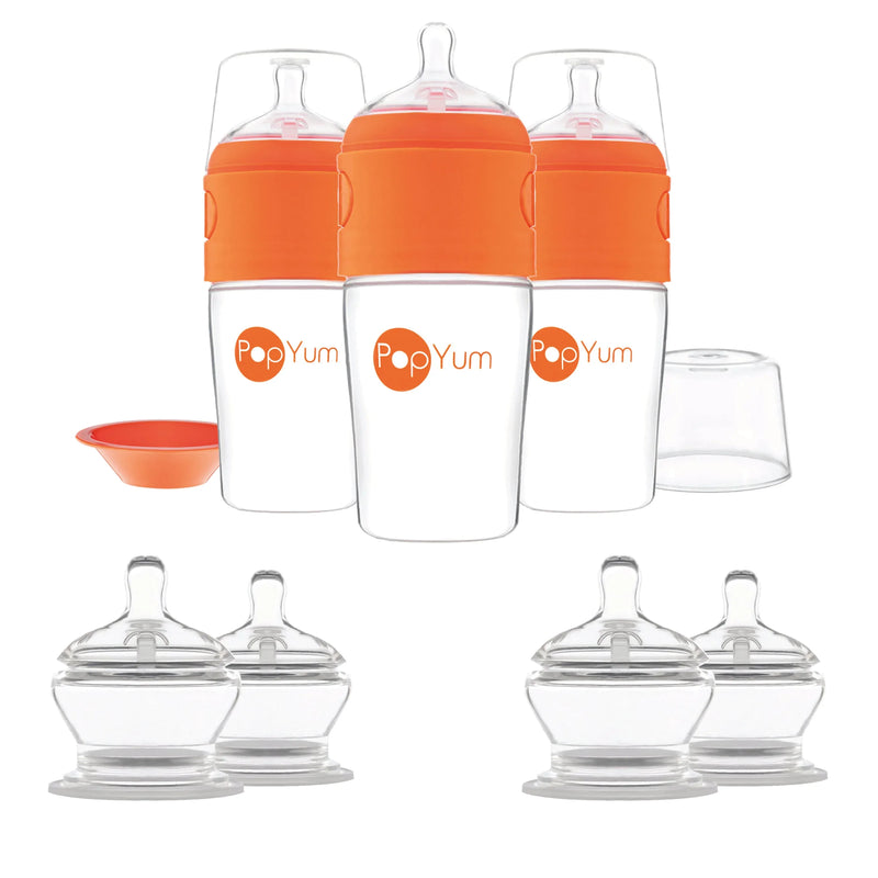 PopYum Orange 7 Piece Bundle: 9oz Bottle 3-Pack + 2 Nipple 2-Packs - BIG FRENCHIES