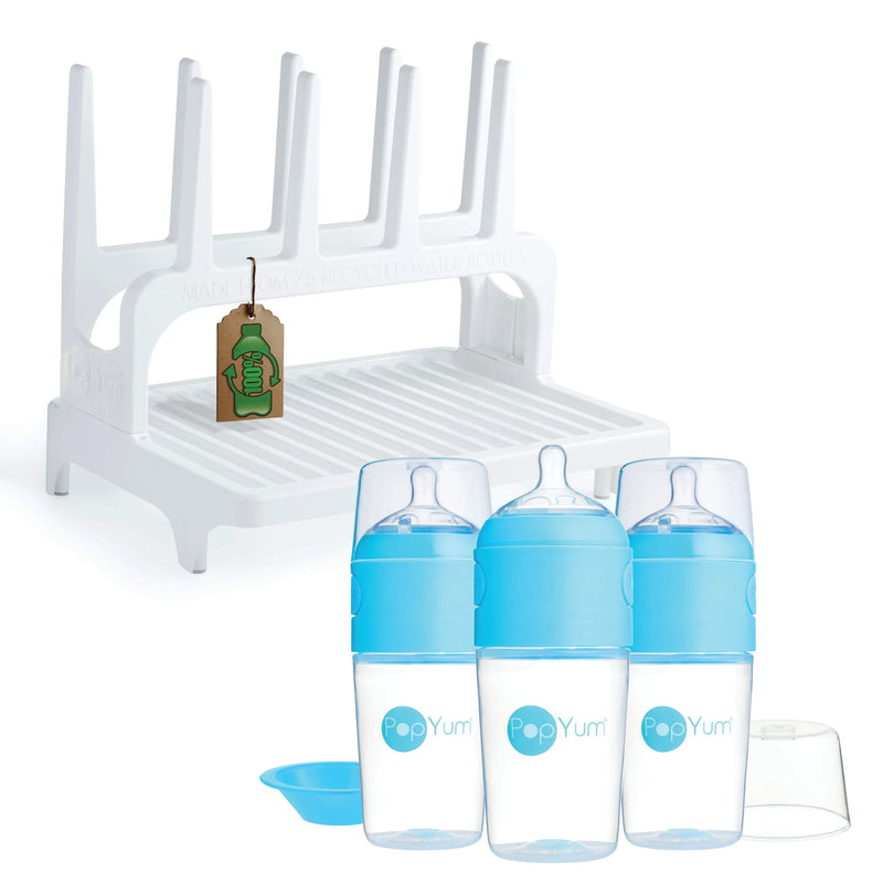 PopYum 9 oz Blue Formula Making Baby Bottle 3-Pack with White Drying Rack Bundle - BIG FRENCHIES