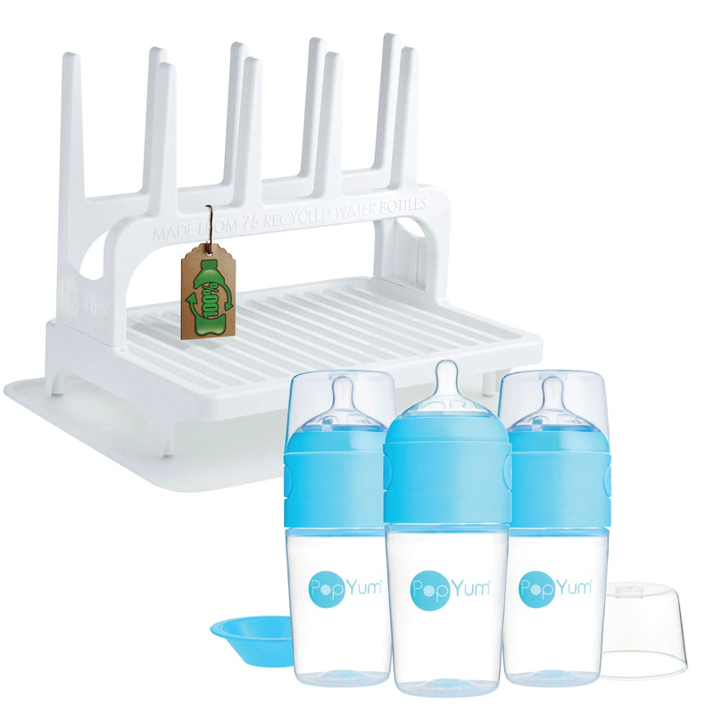 PopYum 9 oz Blue Formula Making Baby Bottle 3-Pk with White Drying Rack & Clear Drying Mat Bundle - BIG FRENCHIES